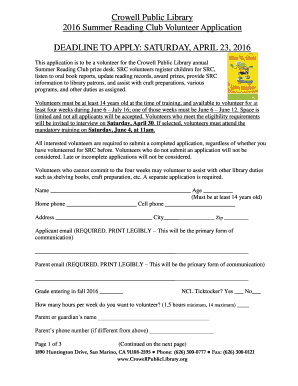 Crowell Public Library 2016 Summer Reading Club Volunteer Fill And Sign Printable Template Online