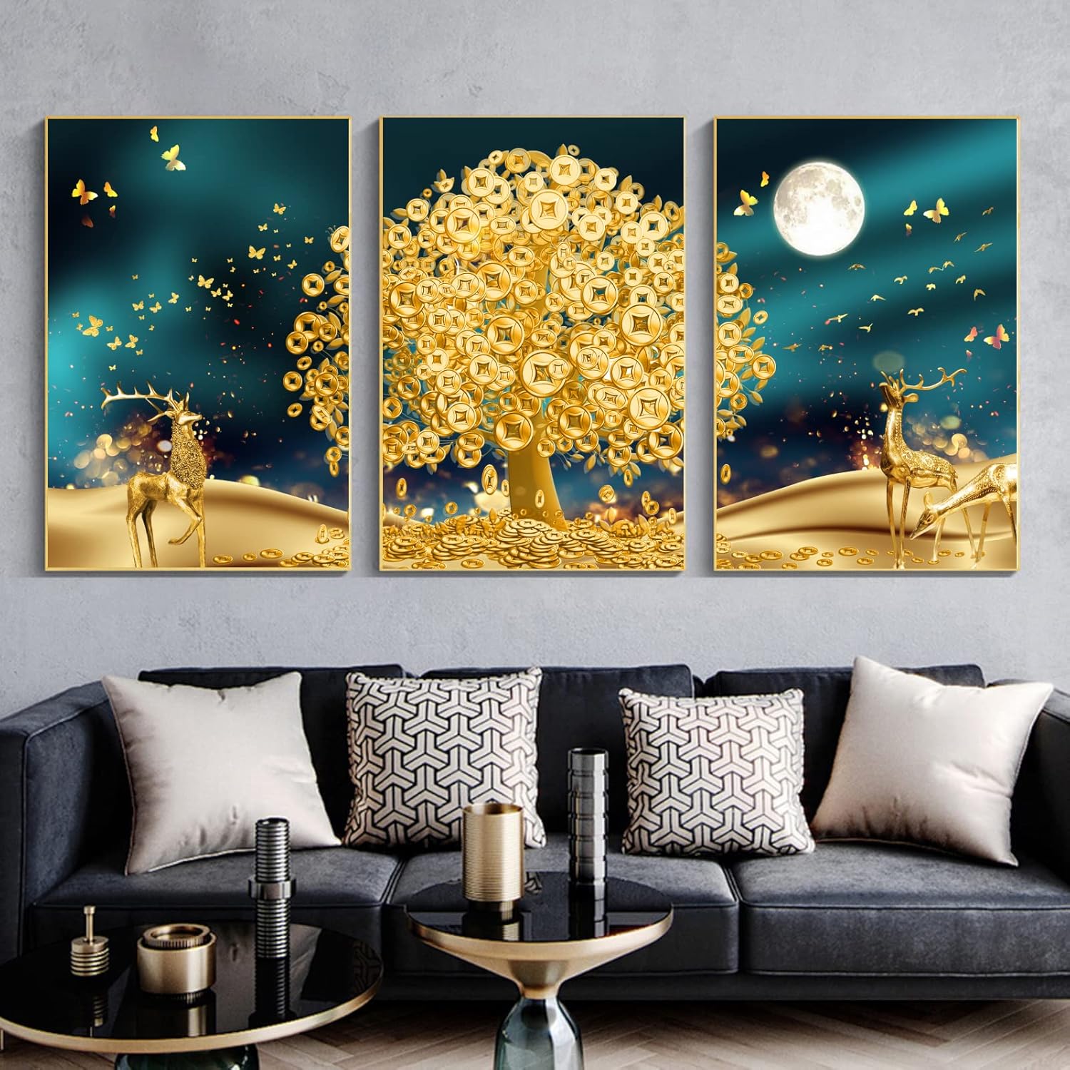 Golden Wall Art Deer Money Tree Canvas Painting For Living Room Bedroom Home Decorations Wall Decor 20X40 Inch1pcs Unframed