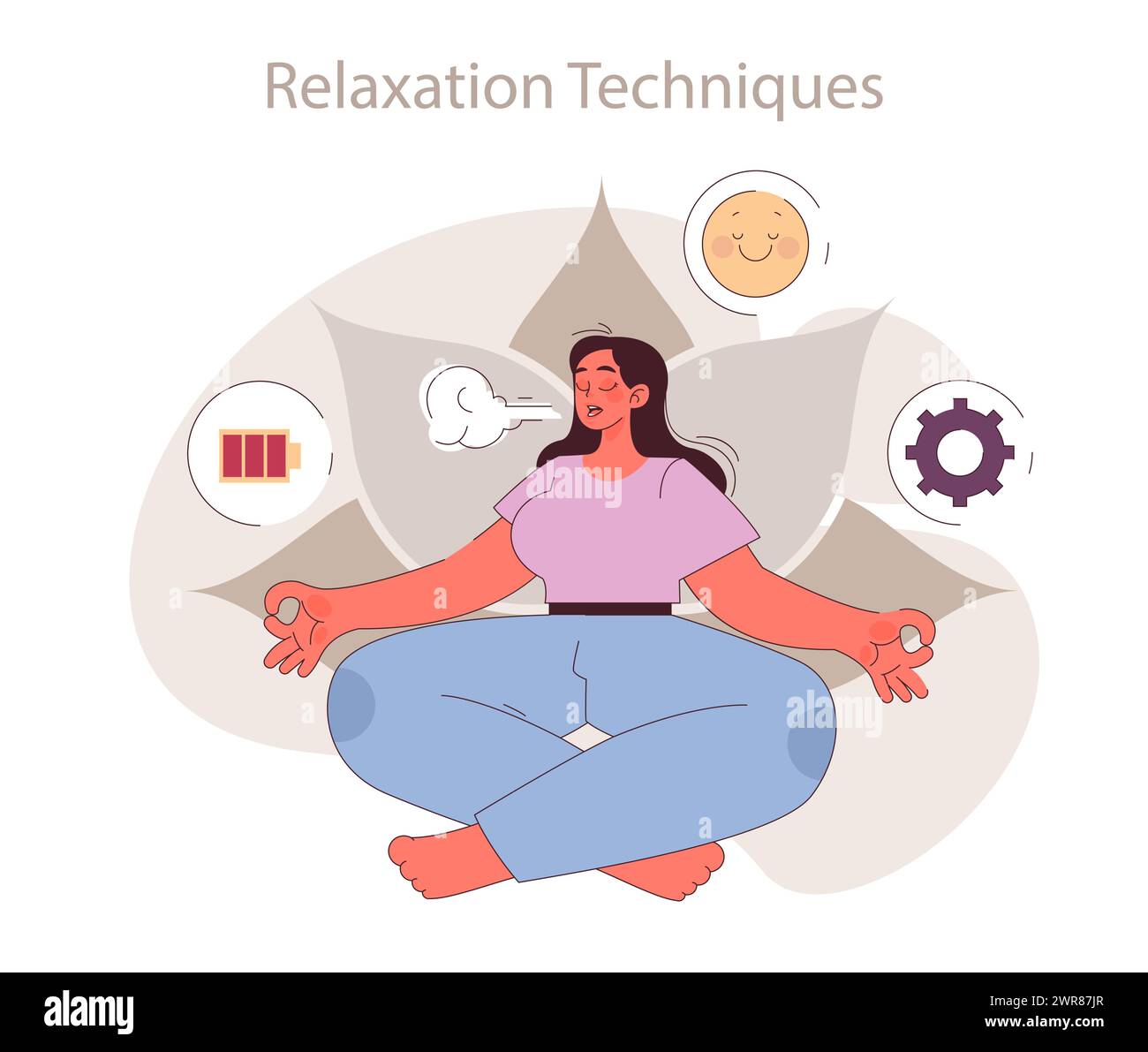 Relaxation Techniques Concept Illustration Of A Woman Practicing Stress Reducing Exercises For